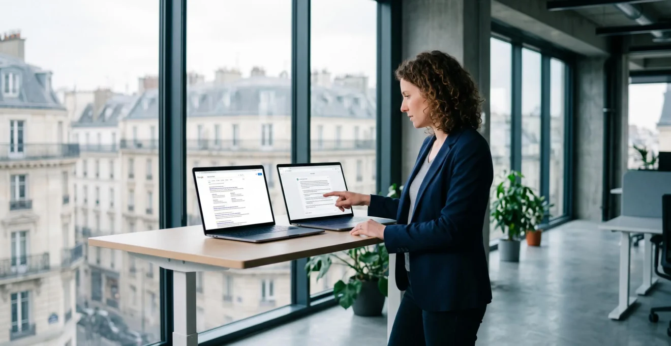 Une consultante compare deux écrans montrant des résultats de recherche différents dans un bureau.