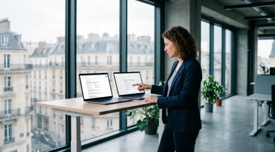 Une consultante compare deux écrans montrant des résultats de recherche différents dans un bureau.